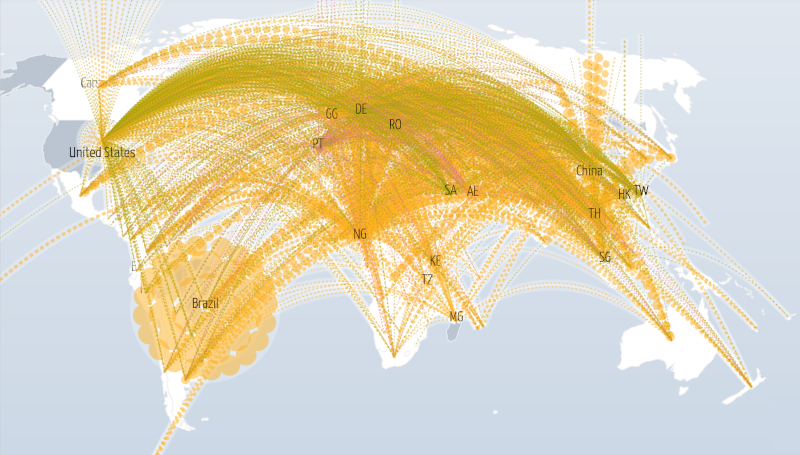 Copie d'écran du site digitalattackmap.com montrant la carte mondiale des cyberattaques DDoS à un certain moment de la journée du 6 juin 2021